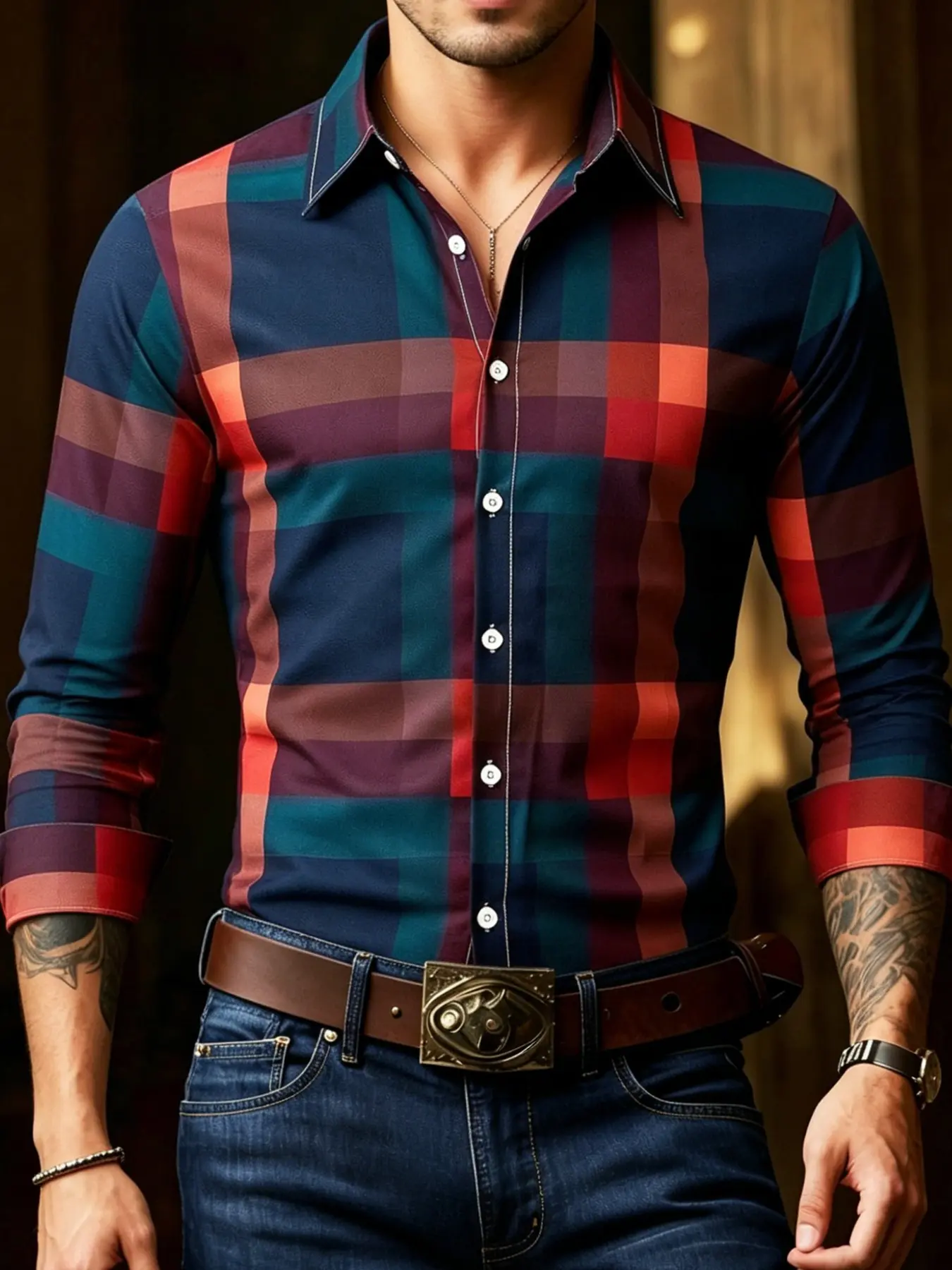 Men's Classic Design Long Sleeve Button-Up Plaid Shirt, Graduated Grid Pattern, Suitable for Spring Summer Fall, Office Business Casual Formal, Checkered Shirt, Checked Plaid Shirt, Casual Stylish Clothing