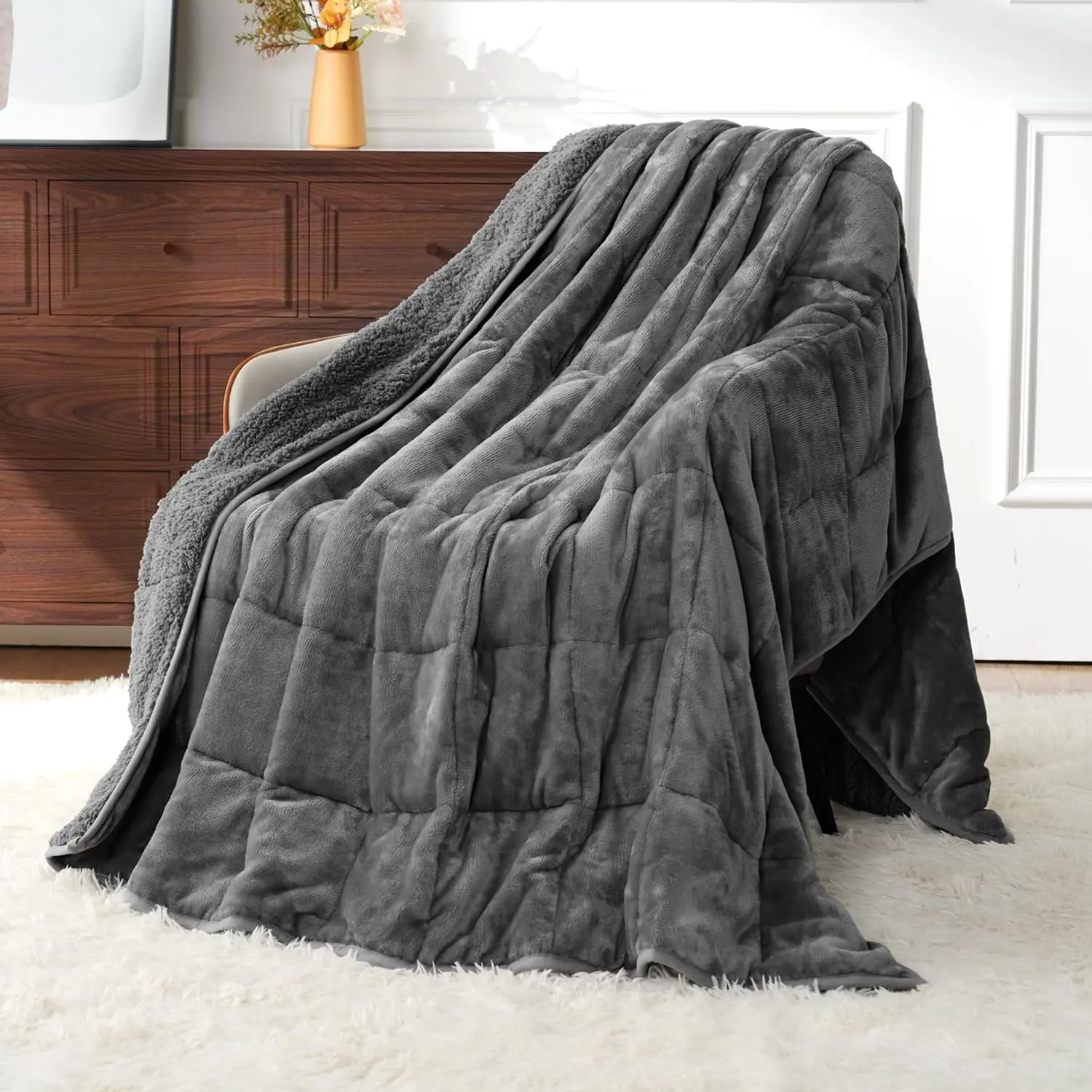 Weighted Blankets for Adults Queen Size, 15lbs 60x80 Inches | Soft Plush Flannel Weighted Throw Blanket, Warm Cozy Sherpa, Washable Heavy Throw for Sleeping, Calming And Relaxing, Grey