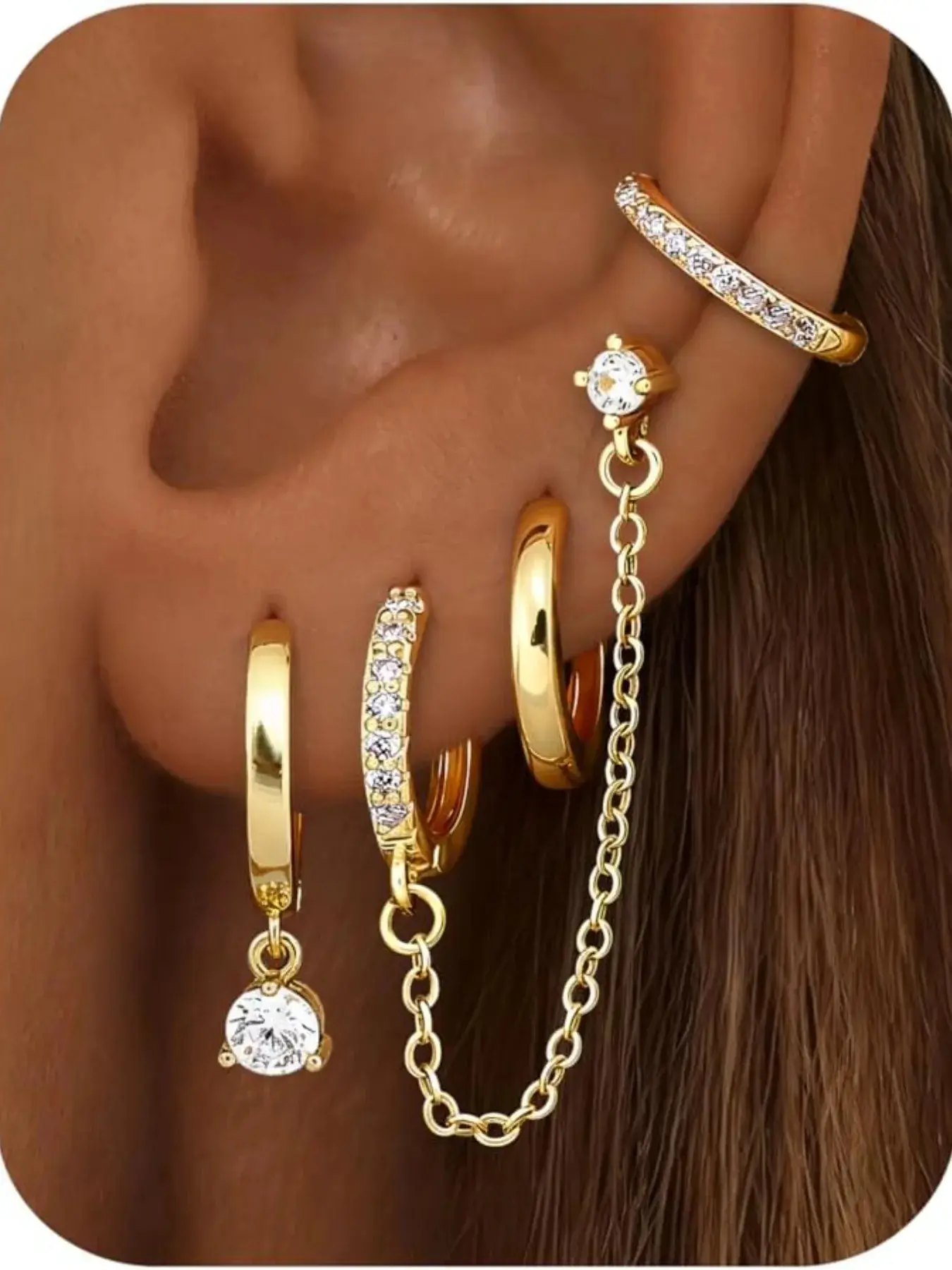 4 Pairs Small Hoop Earrings for Women, Trendy Chain Drop Earrings Set, Hypoallergenic Cz Huggie Hoops, Lightweight Cartilage Earring Stacks, Dainty Earring Stacks