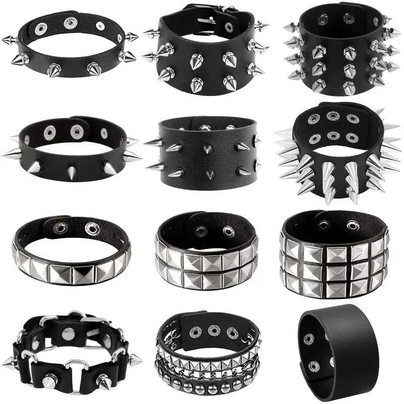 Unisex Punk Style PU Studded Bracelet Set - Gothic Rock Wristbands, Adjustable Snap Closure, Trendy Party Accessories, Bracelets for Women