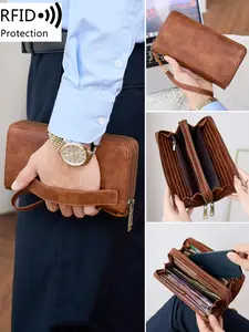 Retro And Minimalist Double Zipper Men's Wallet, RFID Anti-Theft Brush, Multifunctional, Large Capacity Handbag With Wristband, Multiple Card Slots, Zipper Pocket For Change, Suitable For Daily Use And Commuting, Suitable For Both Men And Women