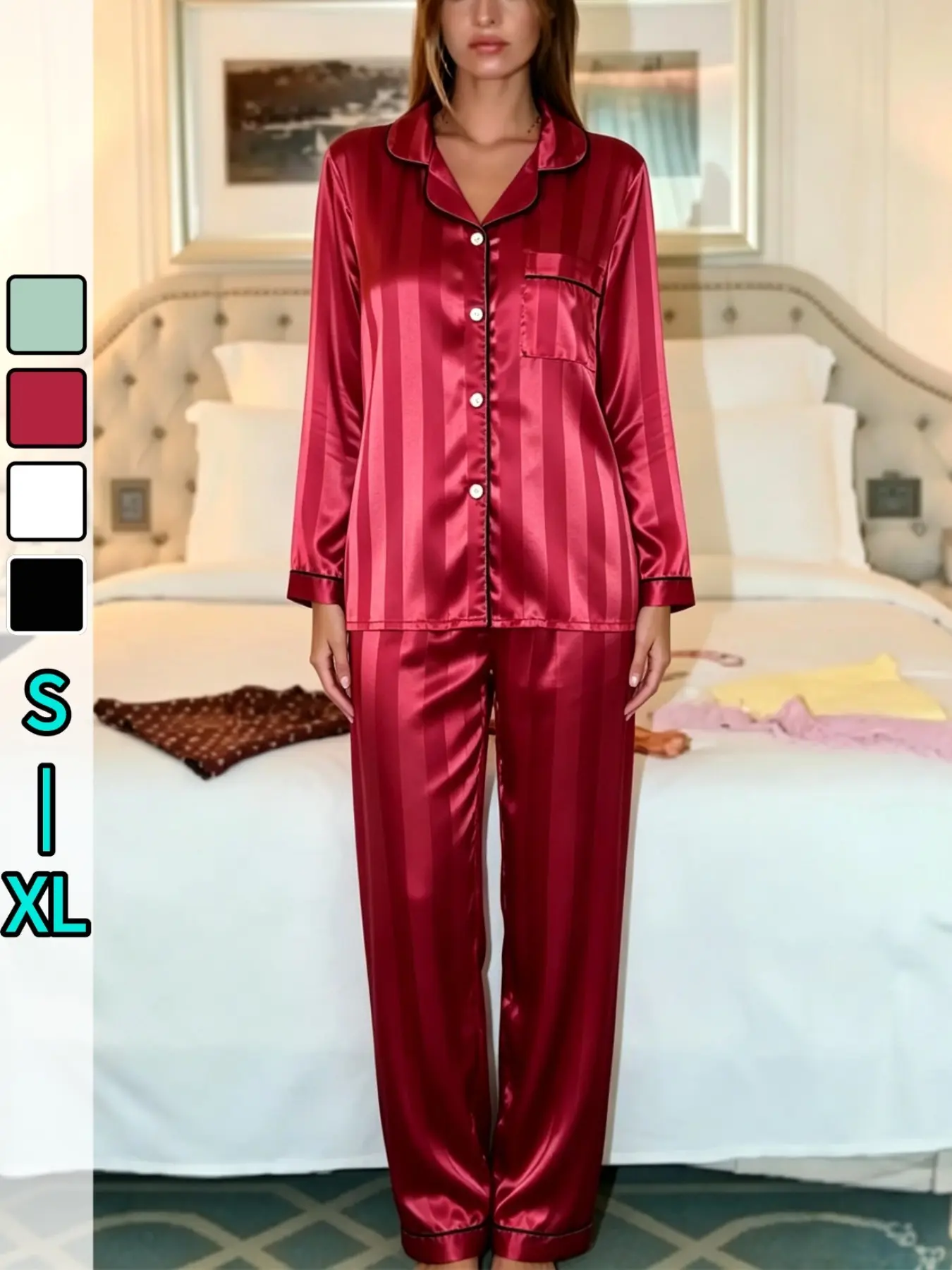 Women's Silky Satin Pyjama Set Soft Button-Up Nightwear Long Sleeve Two Piece Loungewear for Home & Sleep Pajamas