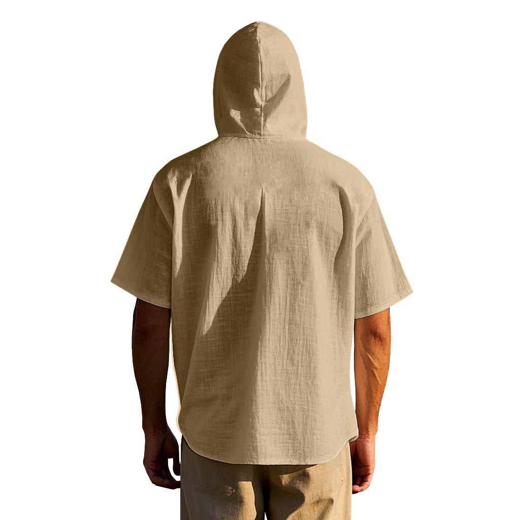 American-style Summer Lightweight Breathable Linen Amekaji Loose-fitting Hooded Men's Short-sleeve Shirt 95% Linen 5% Polyester Casual Menswear
