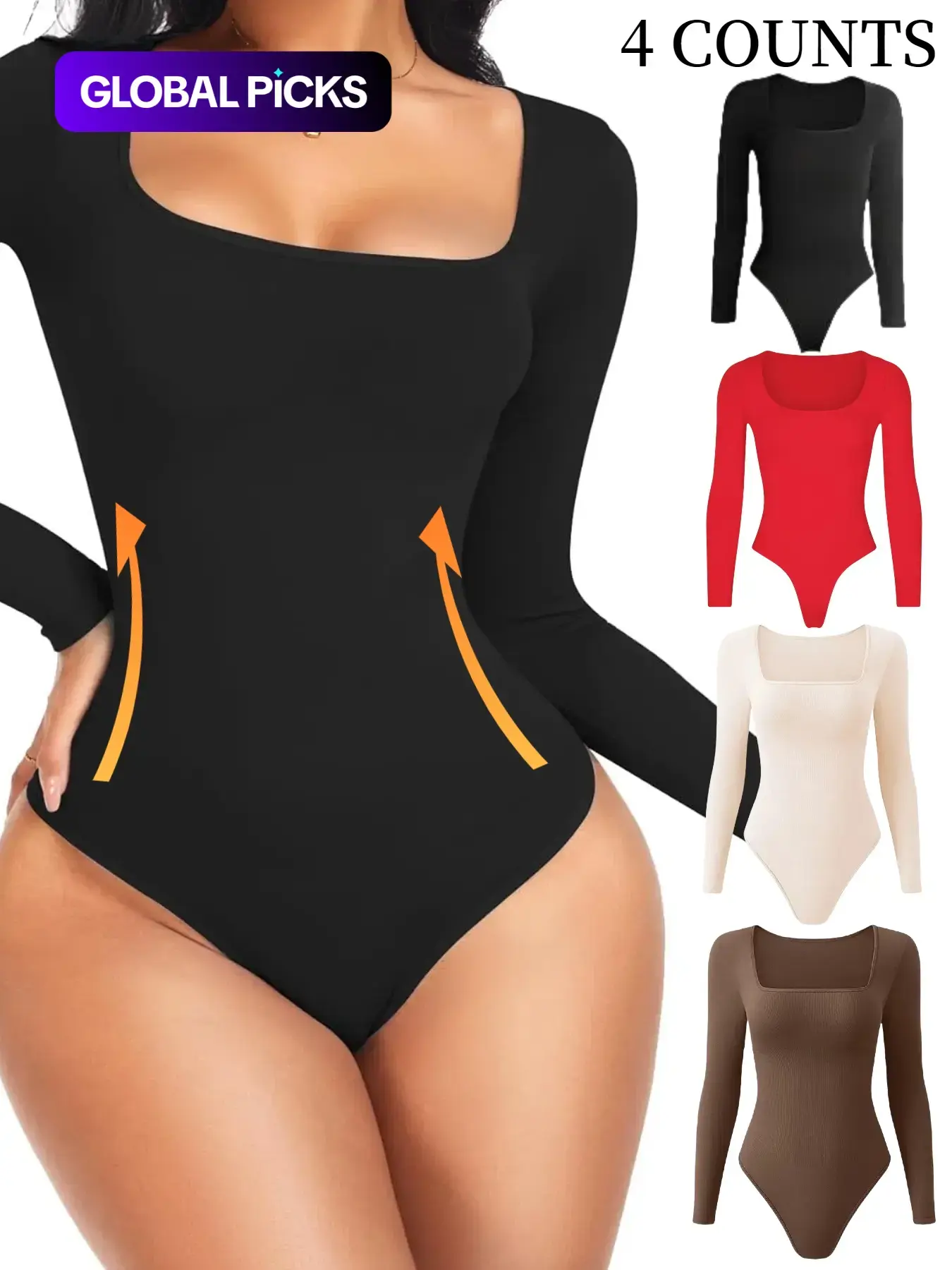 Women's Solid Square Neck Long Sleeve Shapewear Bodysuit, Casual Comfy Tummy Control Butt Lift Shaper, Ladies Shapewear for All Seasons