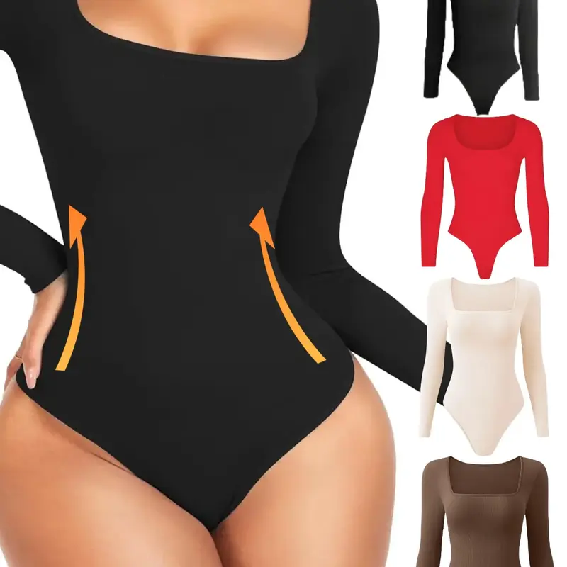 【Black Friday】Women's Solid Square-Neck Long-Sleeve Shapewear Bodysuit, Casual Comfy Tummy-Control Butt-Lifting Shaper, Ladies Shapewear for All Seasons #GLOBAL PICKS