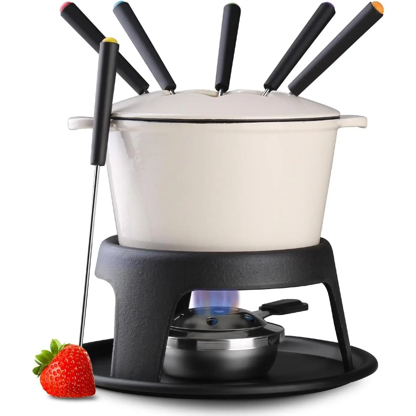 Cast Iron Fondue Pot Set for Chocolate Cheese and Meat, Swiss Fondue Set with 6 Fondue Forks, Camping Cheese Fondue Set Serves 6 Persons (White)