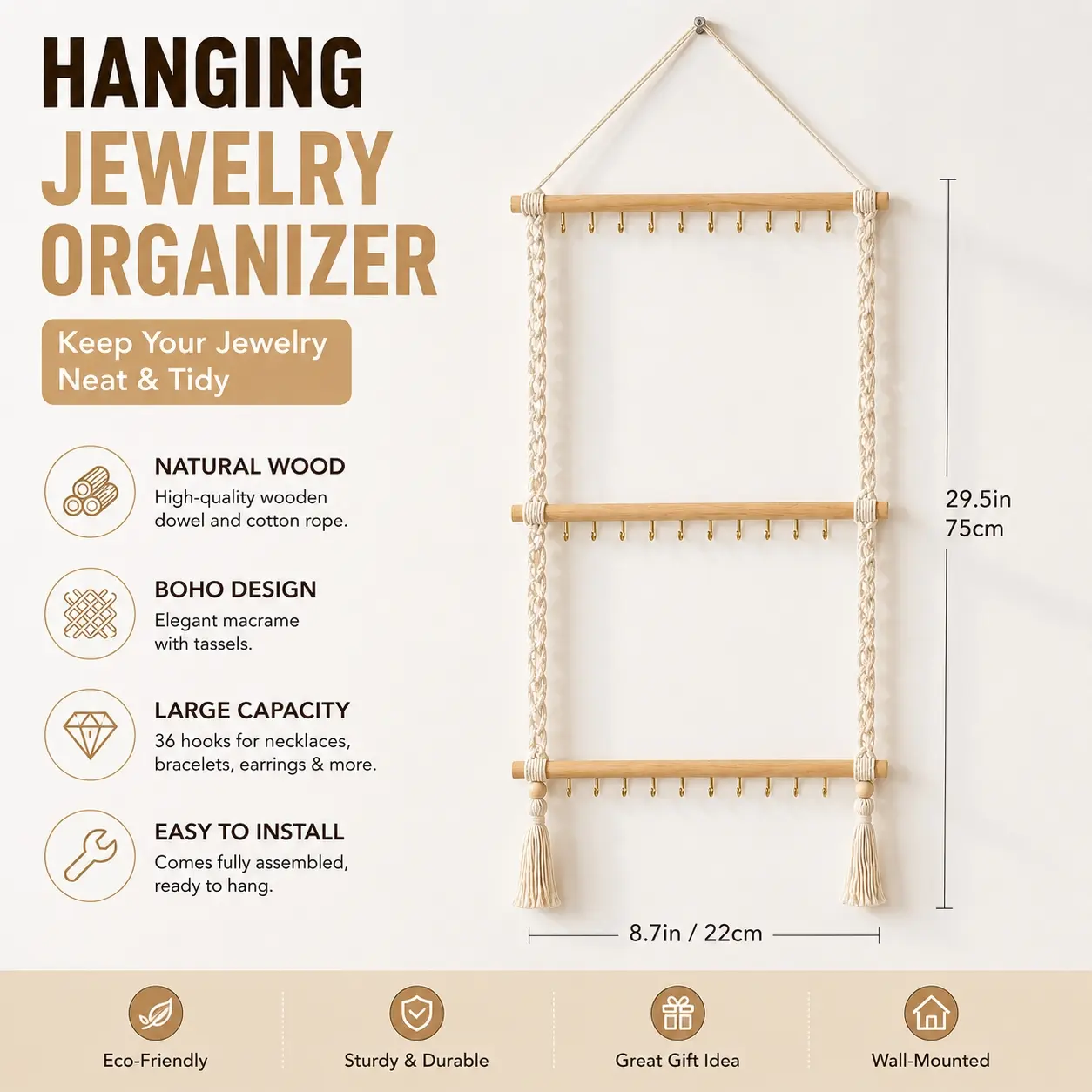 Boho Wall Mounted Jewelry Organizer, 30-Hook Woven Tassel Jewelry Display Rack for Necklaces, Earrings, Bracelets & Hair Accessories, Decorative Wall Storage Holder for Bedroom & Home Organization