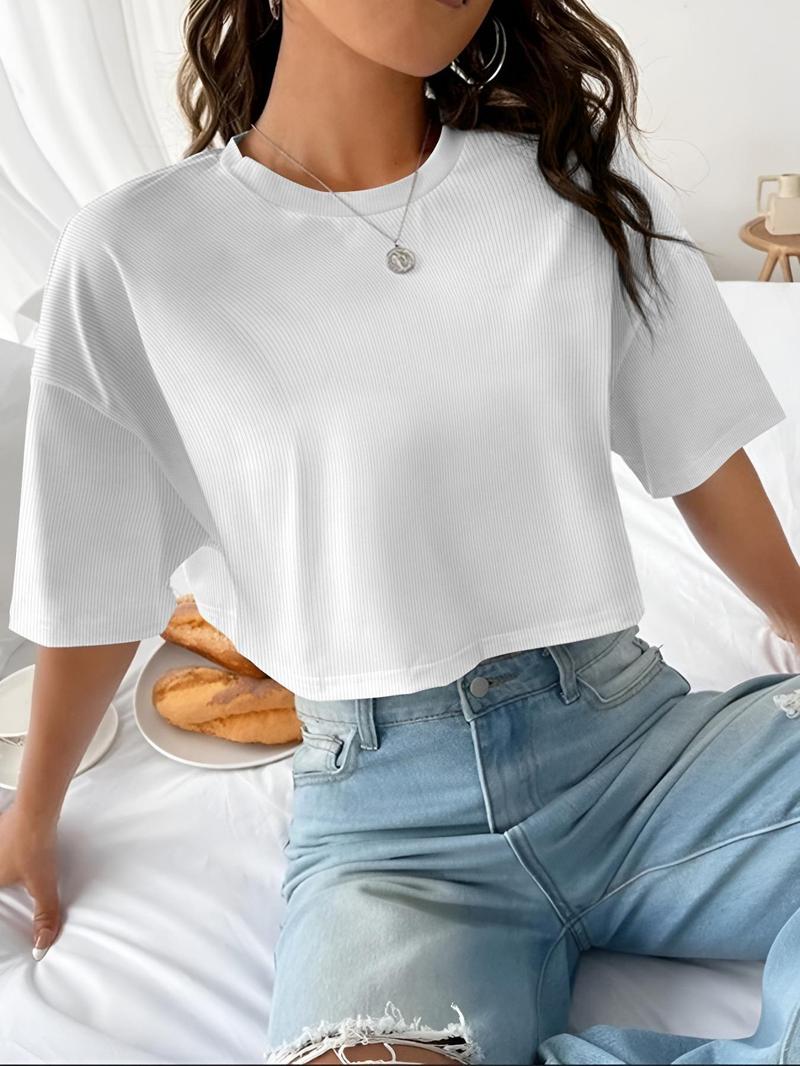 Women's Plain Ribbed Curved Hem Crop Tee, Casual Half Sleeve Round Neck T-shirt for Summer, Ladies Clothes for Daily Wear