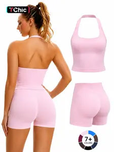 Women's Yoga 2-Piece Set, Breathable Sporty Halter Top & High-Waisted Seamless Butt-Lift Shorts, Plain Color Athletic Seamless Gym Sets