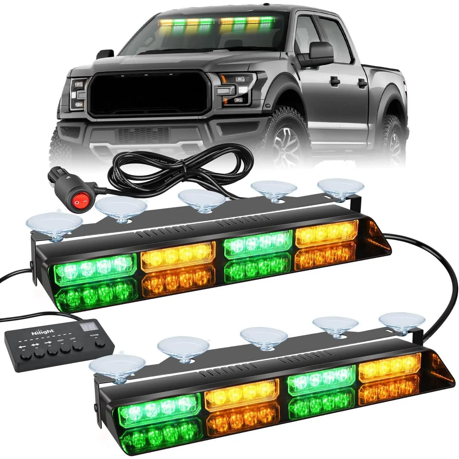 Nilight 32LED Amber Green Dash Strobe Lights with Controller Suction Cups Interior Front/Rear Windshield Deck Split Light Bar for Truck Construction Vehicle Lightbar