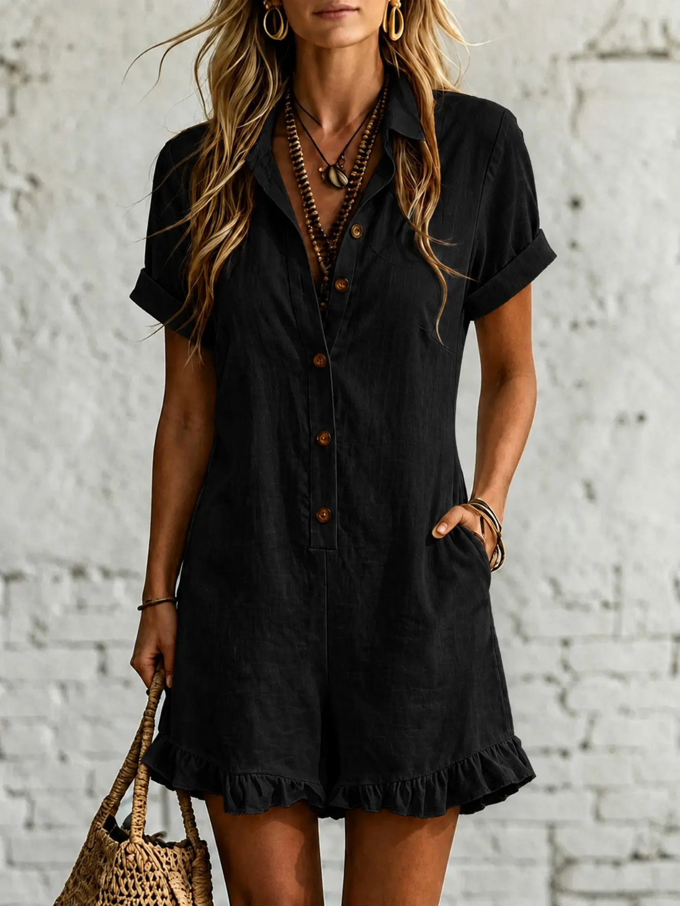 Women's Summer Casual Romper, Collared Short Sleeve Button Front Design, Leaf Hemline & Pocket Detail, Ideal for Daily Wear & Travel