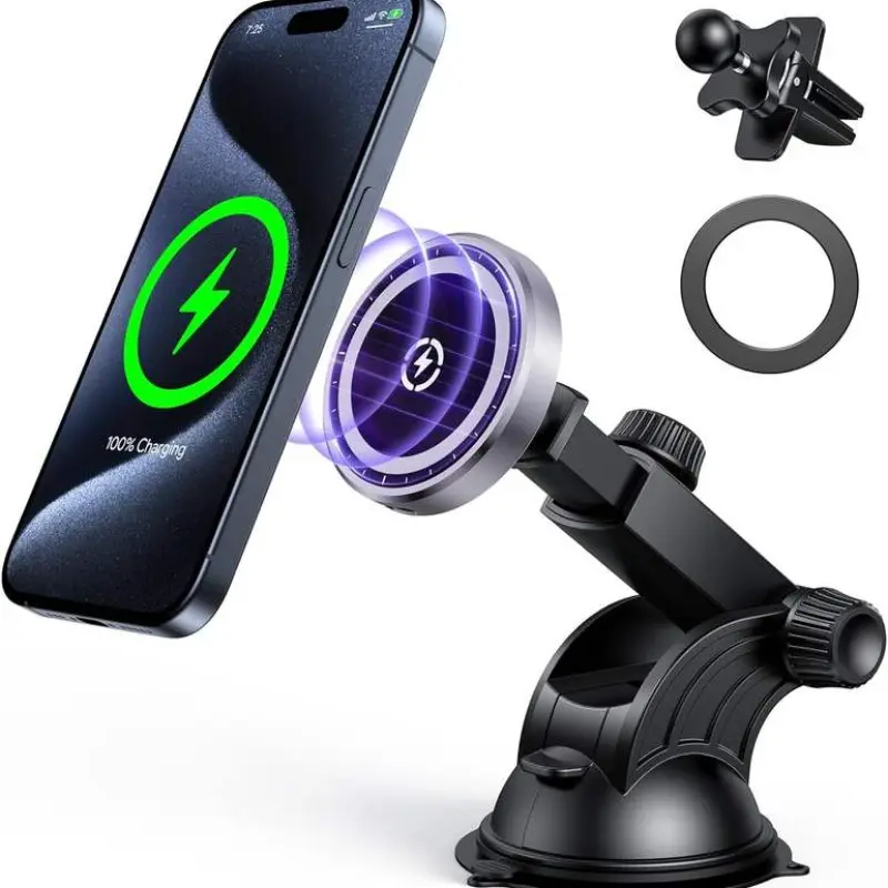 Ohlpro Car Wireless Charger Phone Holder, 360° Rotating Vacuum Suction Cup, Magnetic Phone Holder, Adjustable Arm for iPhone 17-12 for Air-Vent Dash Windshield Screen