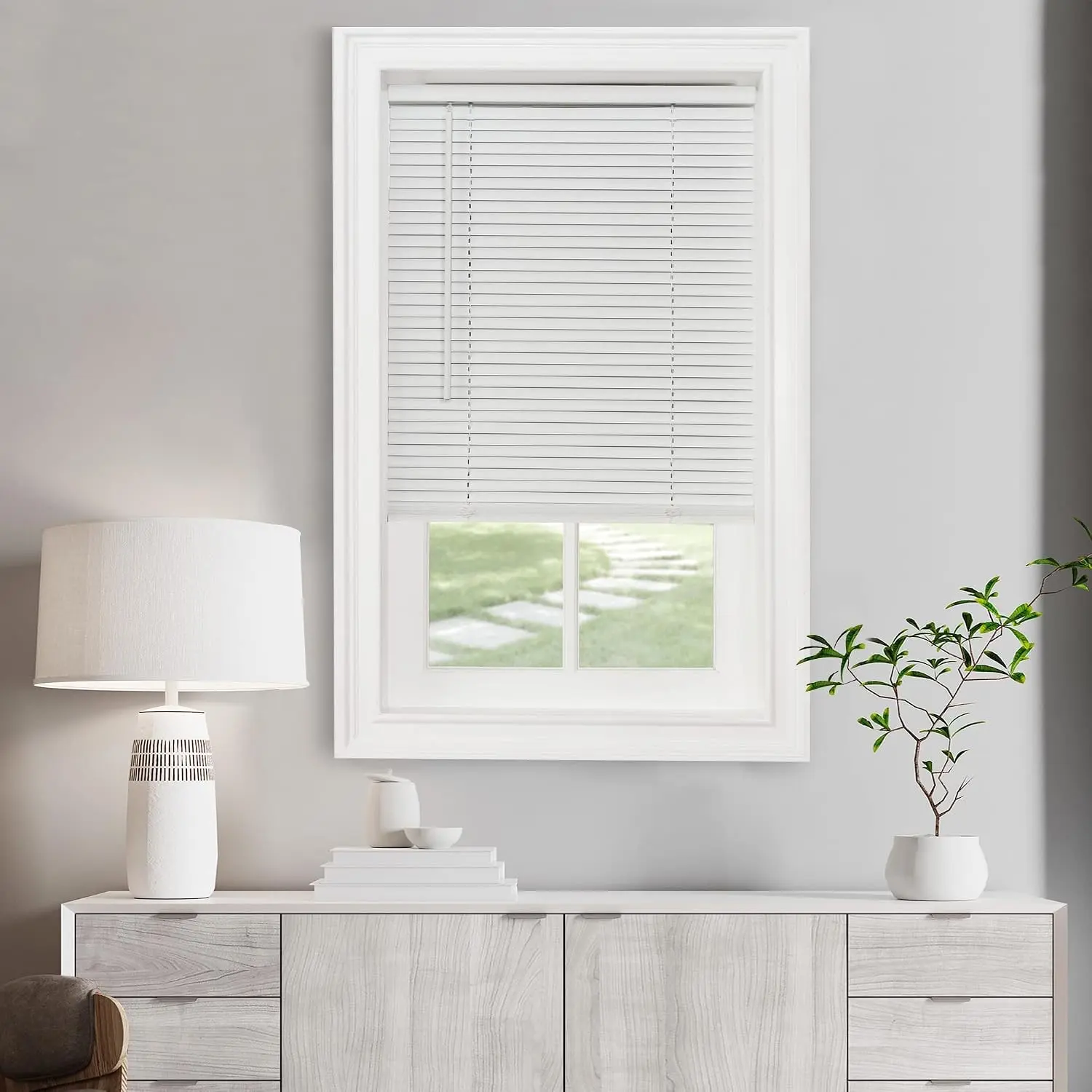 Achim Home Decor GII Morningstar Cordless Light Filtering Mini Blind, 23"W x 42"L, 1" Slat, Pearl White, Horizontal Interior Window Blinds