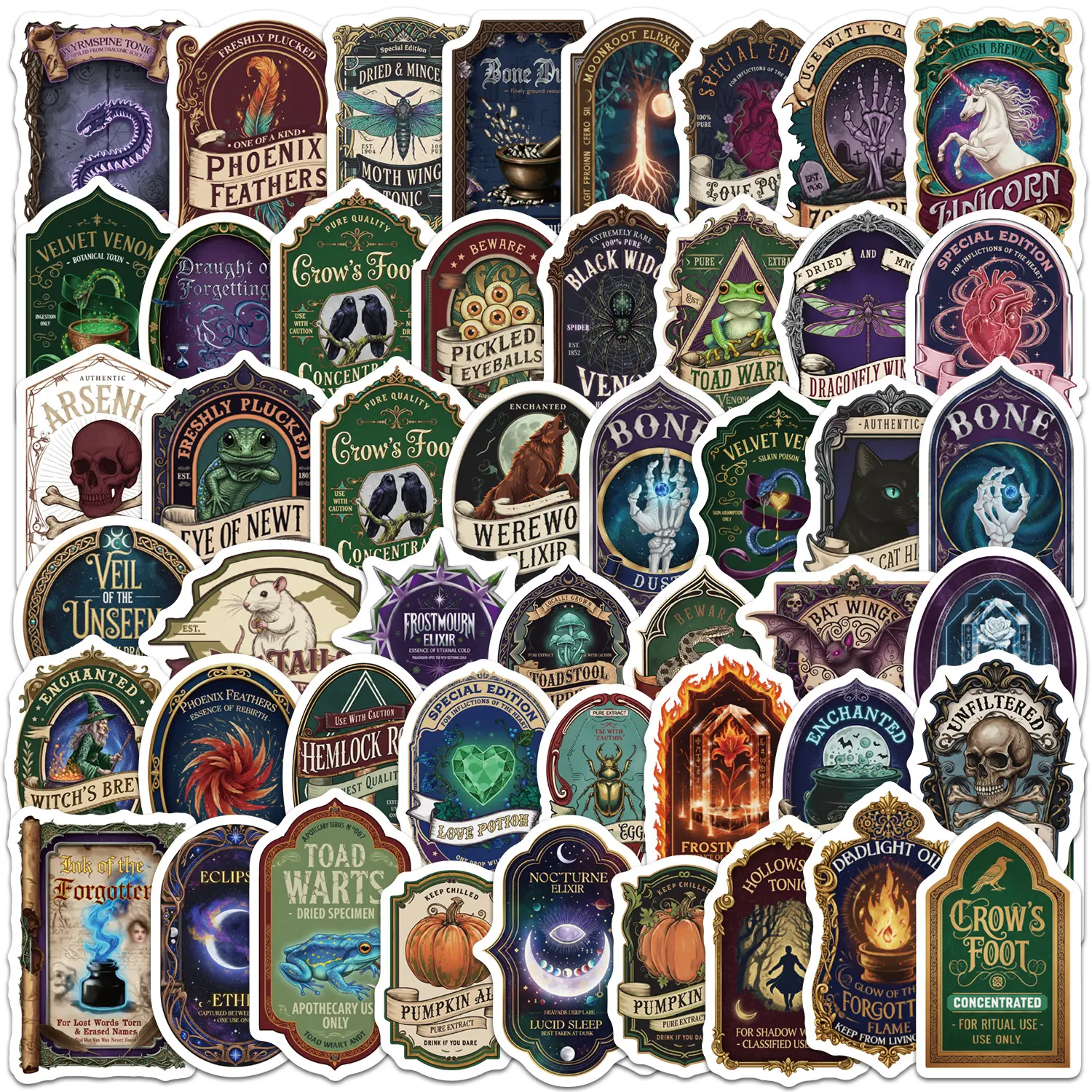 50pcs Witch Potion Labels/Stickers, Scrapbooking Stickers for Offices and Notebooks. High-quality, Positive-energy Gifts for Decorating Journals, Scrapbooks, Computers, Water Bottles, Cars, Etc.
