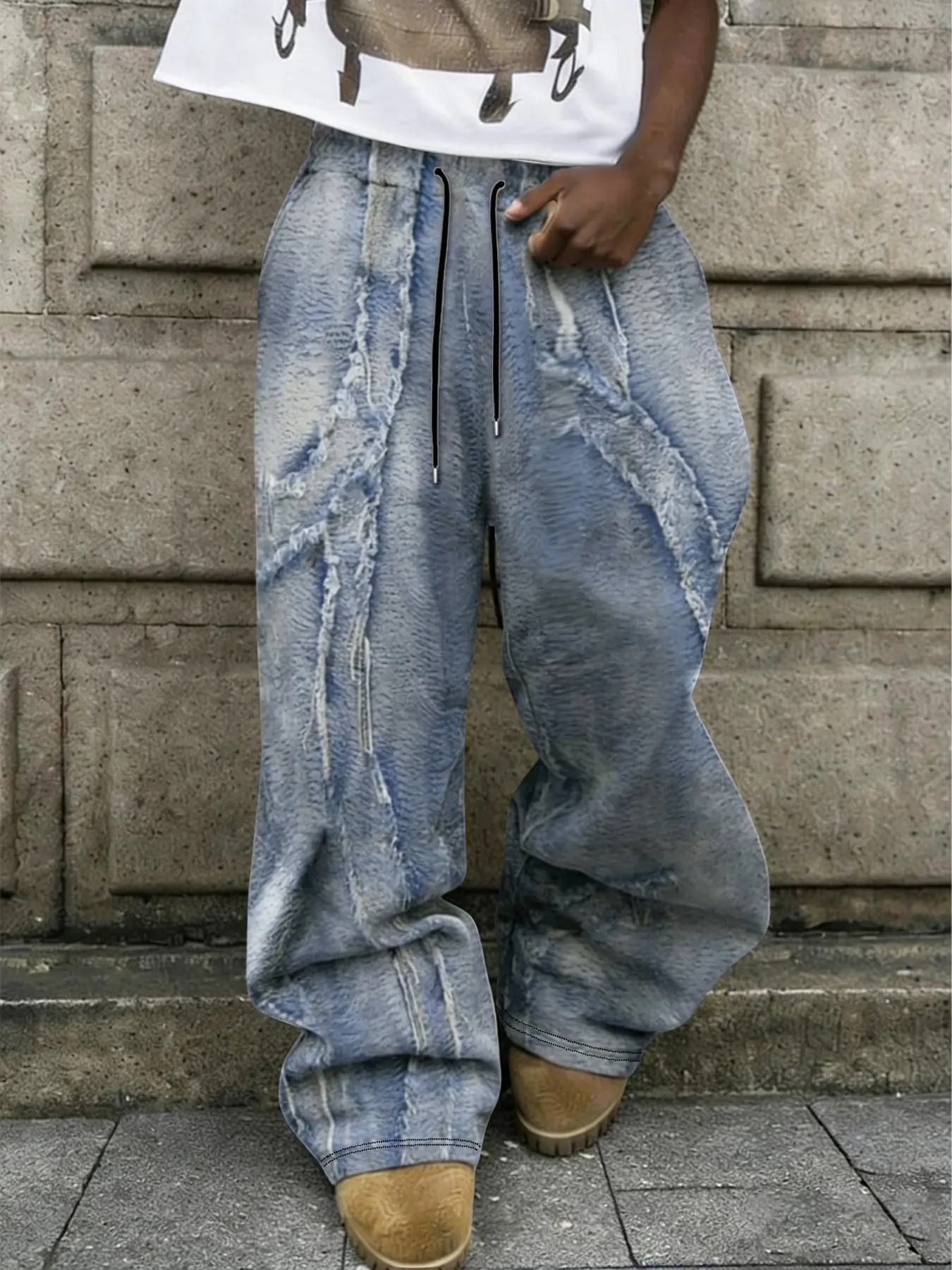 Men's Dark Washed Faux Fur Deconstructed Casual Pants, Knit American High Street Wrinkle Texture Loose Wide Leg Seven-Eighths Sweatpants
