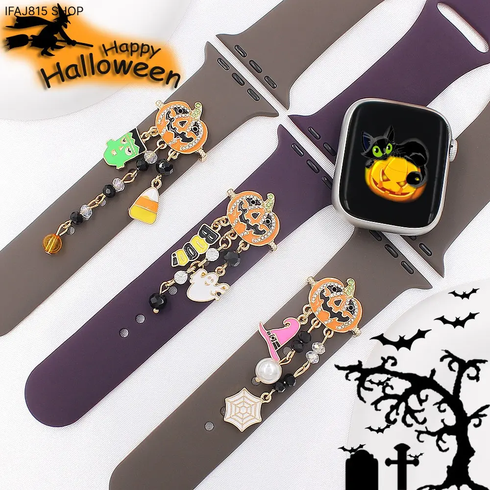Halloween Apple Watch Band Charms, Silicone Watch Strap Decorative Rings for Apple Watch Bands, Cute Ghost Pumpkin Spooky Aesthetic Band Accessories, Easy Clip-On Watch Band Decor, Universal Strap Charms for Halloween Parties, Fall Outfits, Daily Wear & H