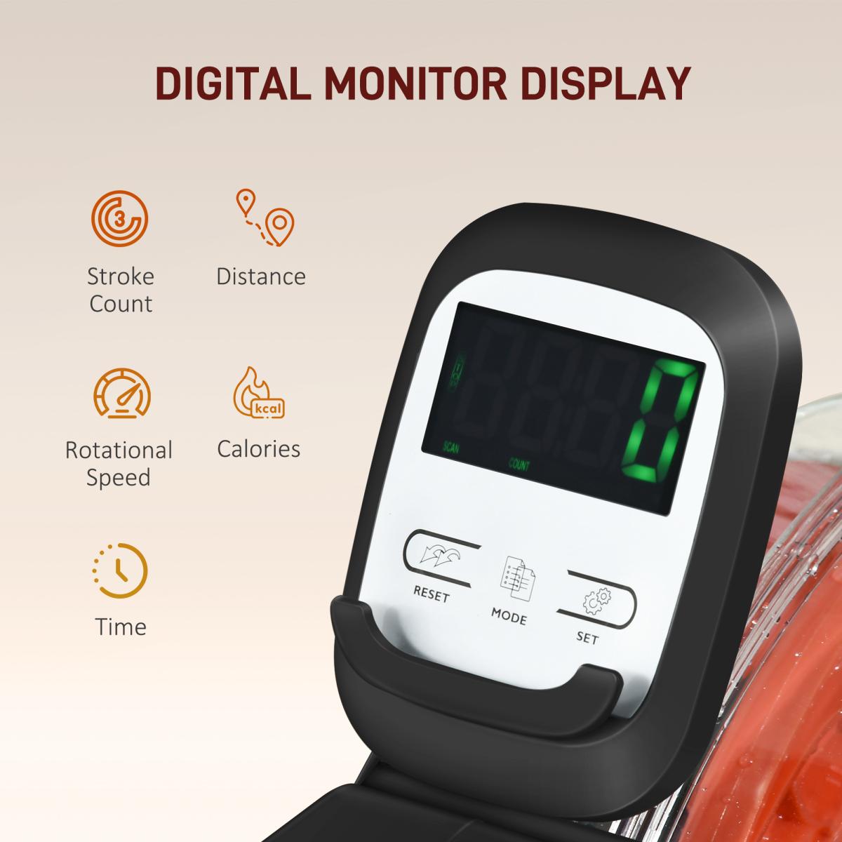 [Fahuac] Soozier Water Rowing Machine, Foldable Rower with Adjustable Water Resistance, LCD Monitor and Tablet Holder, Smooth Aluminum Rail, Transport Wheels for Home Cardio Training, Red