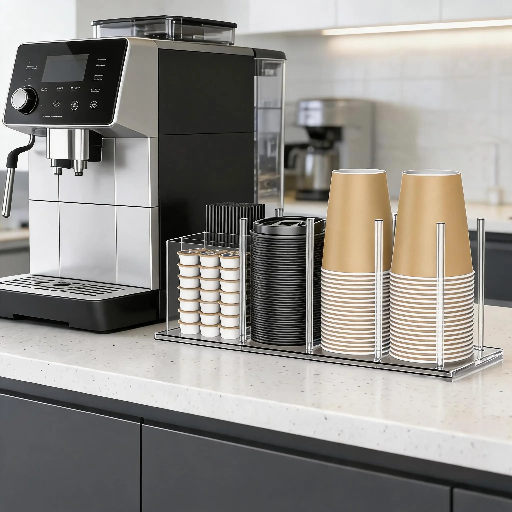 Acrylic Cup and Lid Holder with Straw Organizer, Adjustable Coffee Cup Holder Organizer, 5 Compartment Cup Dispenser for Disposable Paper & Plastic Cups rack , for Station Home Countertop(Patent in Effect)