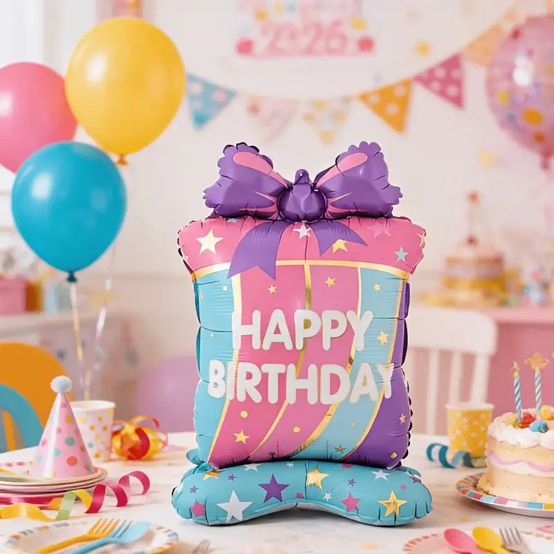 35 Inch Standing Colorful Cake Box Balloon, Large Birthday Party Decoration, Event Gift Prop, Indoor Outdoor Scene Setup Balloon
