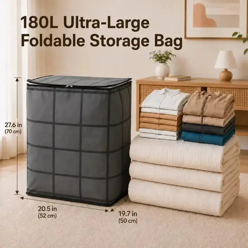 180L Extra Large Heavy-Duty Collapsible Storage Tote, Moisture-Resistant Container with Dual Slide Zippers, Space-Saving Solution for Bedding, Outdoor Camping Supplies