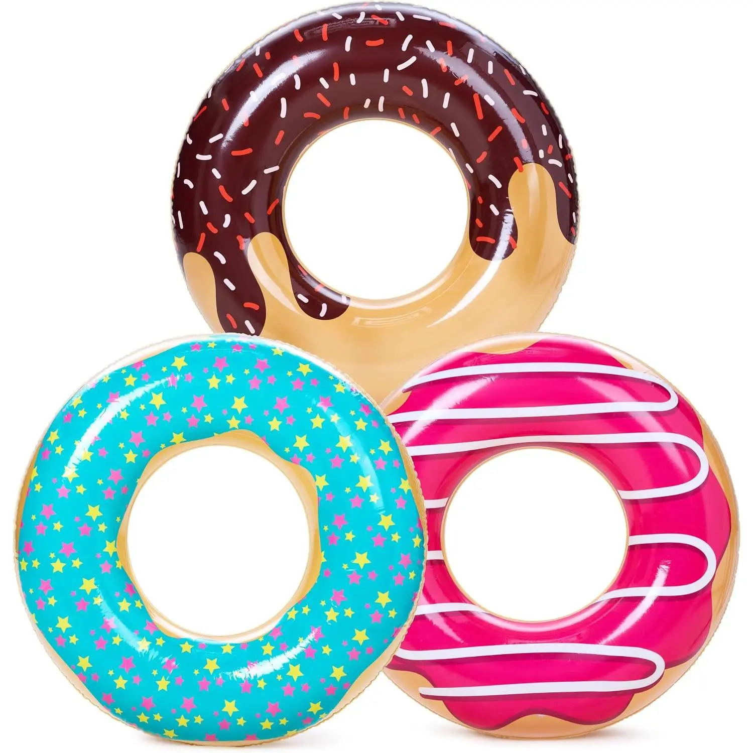 32 in Donut Pool Floats (3 Pack) - Chocolate Glaze, Strawberry Dream Designs, Funny Pool Tube Toys for Party Supplies, Suitable for Adults & Kids