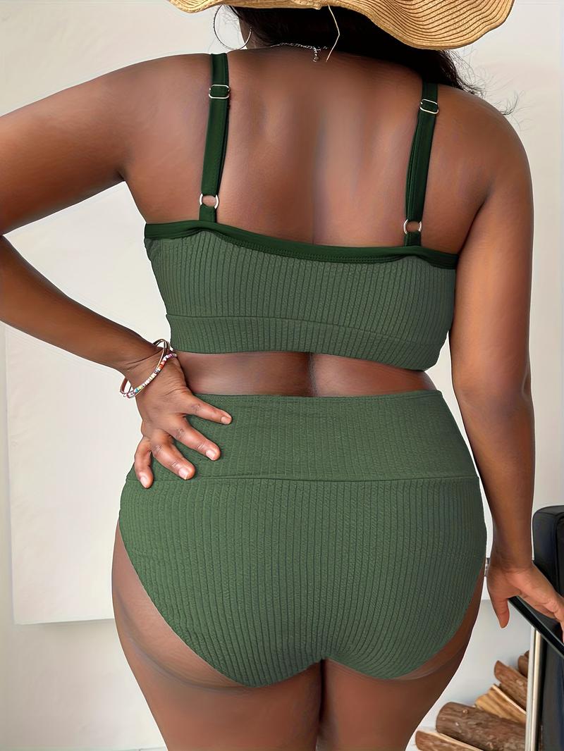 Plus Size Two-Piece Set Criss Cross Crop Cami Top & High Waist Panty Ribbed Tankini Set, Casual Adjustable Strap Swim Top & Swim Bottom, Women's Summer Swimsuit, Tankini Bottoms Set