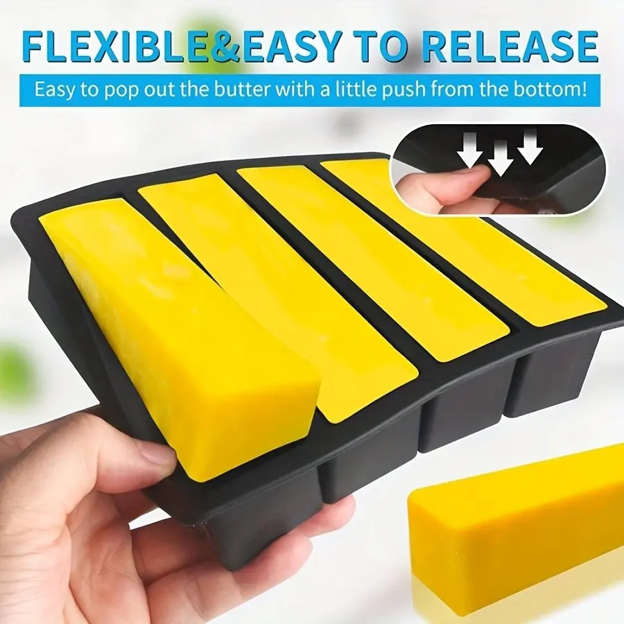 4-Cavity Silicone Ice Cube Tray and Chocolate Bar Mold - Durable, Flexible yellow rectangular kitchen accessory, ideal for large ice cubes, chocolate bars, popsicles, for freezer storage, Rectangular ice tray, Durable kitchenware