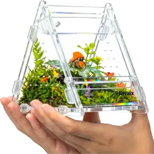 Triangular Jumping Spider Enclosure, Acrylic Terrarium with Magnetic Doors, 0.8mm Micro-Ventilation Escape-Proof Design for Tarantulas, Lizards, Small Pets, 3.5”x3.5”x3.5”