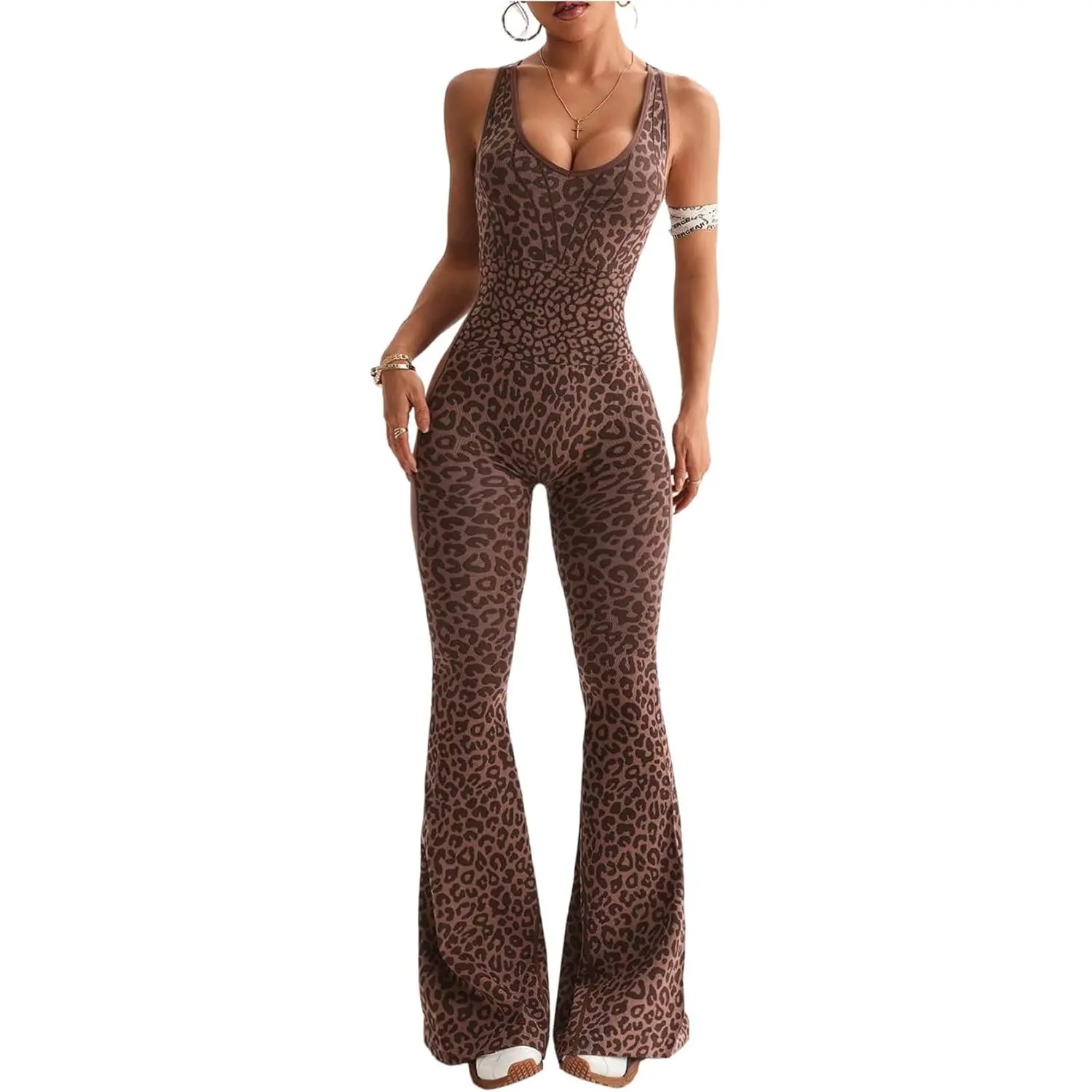 Women's Cheetah Print Workout Sets Yoga Jumpsuit Criss Cross Sleeveless Work Out Clothes Flared Pants Jumpsuits