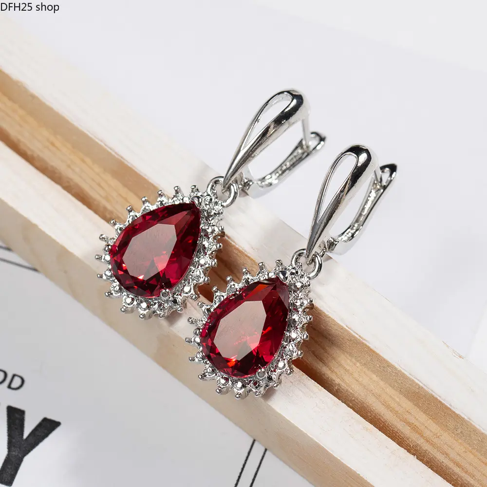 Rose Red Crystal Teardrop Earrings for Women, Silver Tone Dangle Earrings With Sparkling Zirconia Halo, Elegant Statement Jewelry for Parties, Dates and Daily Wear