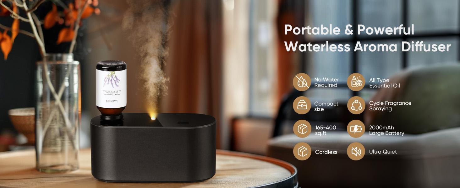 Waterless Diffuser for Home Essential Oil Diffuser, Aromatherapy Diffuser, Portable Scent Diffusers, 3 Mist Modes, Cycle Start for Bedroom, Office Studio 160-350 sq. ft Black