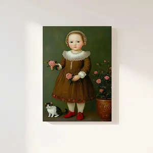 Girl and Cat Canvas Print, Original Art, Folk Art, Kindergarten, Wall Art, Decoration, 1 Piece Exquisite Wooden Framed Canvas Painting
