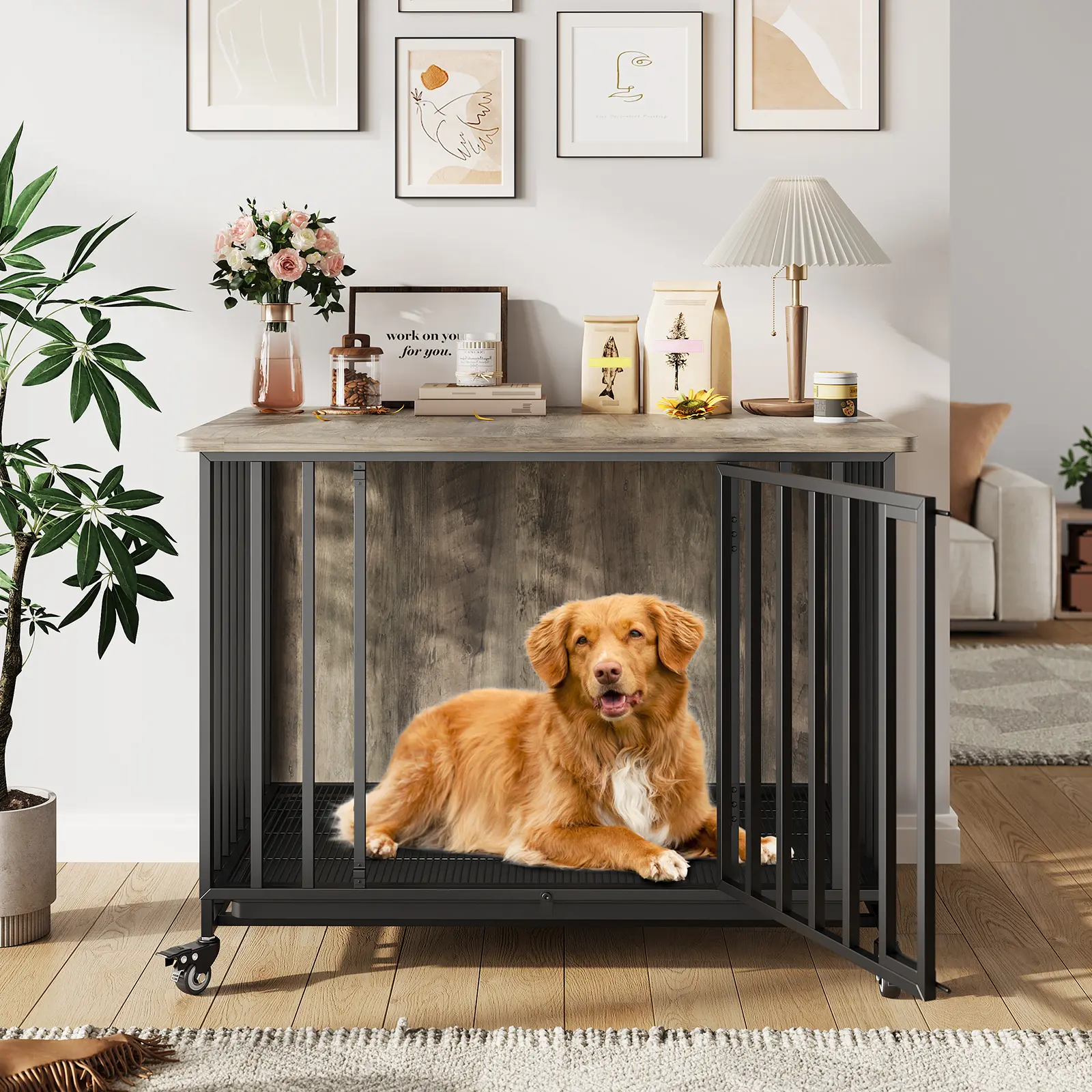 39-Inch Iron and Wood Dog Crate Furniture with Removable Tray and Wheels