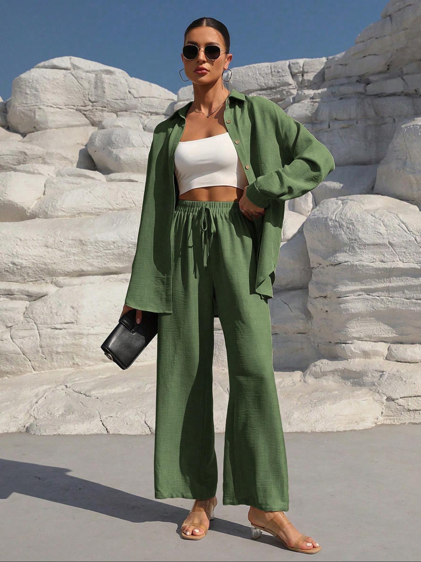 Women's Solid Button Front Shirt & Tie Front Wide Leg Pants Two-piece Set, Casual Drop Shoulder Long Sleeve Top & High Waist Trousers 2 Piece Set for Spring & Fall, Women's Clothes for Daily Wear, Linen Set, Womenswear