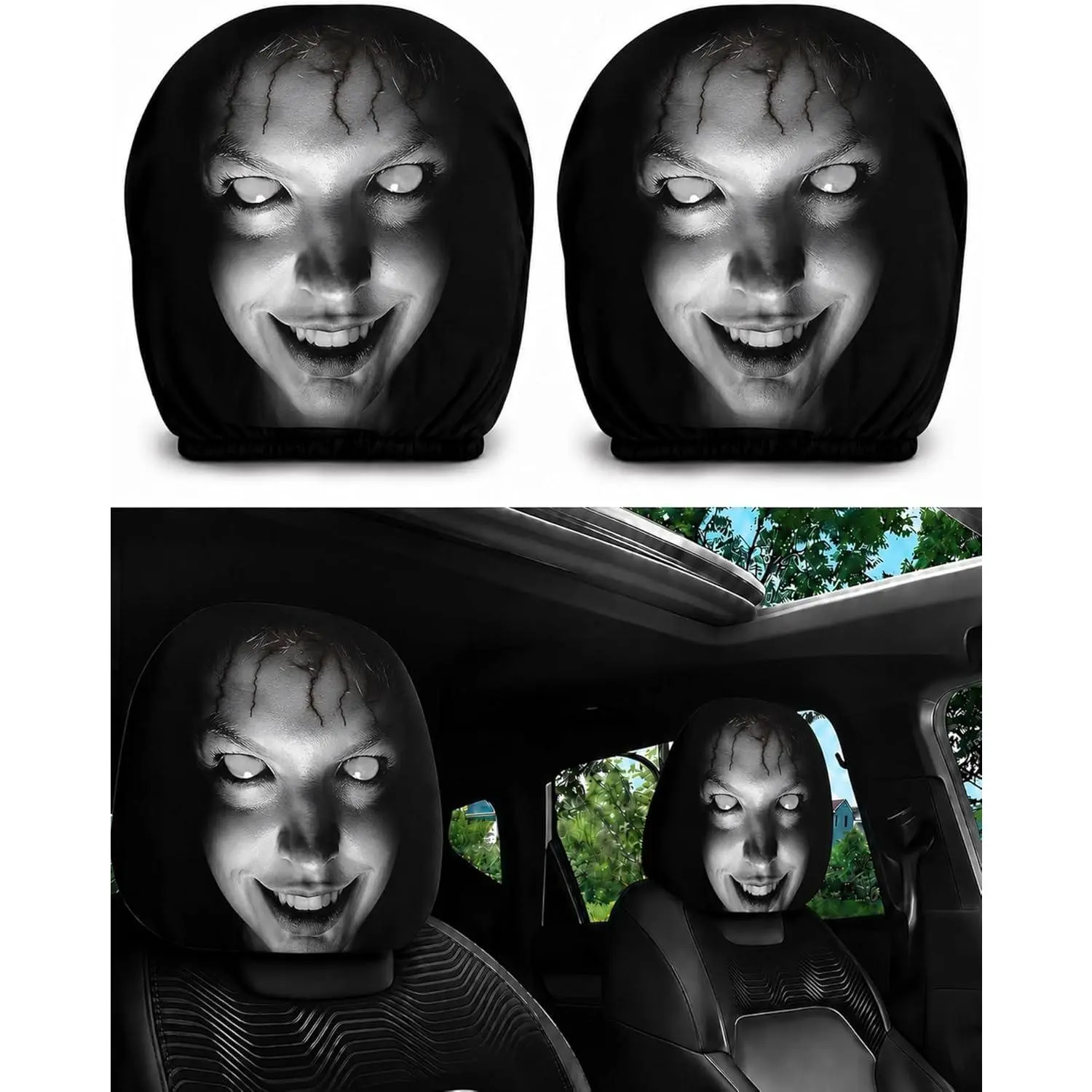 2PCS Ghost Face Headrest Covers, Scary Face Printing Auto Seat Universal Elastic Models Headrest Protector (A)