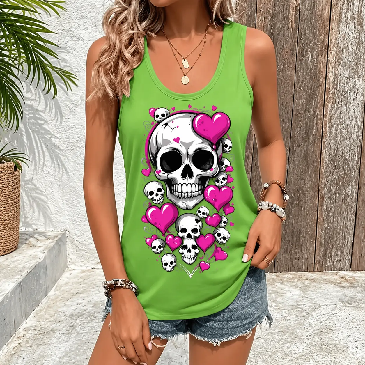 Women's Gothic Skull Graphic Tank Top, Statement Round Neck Sleeveless Tee, Pink Heart Print Relaxed Fit Summer Vacation Streetwear, Geometric, Casual Wear, Graphic Print, Skull Hearts, Denim, Style, Simple