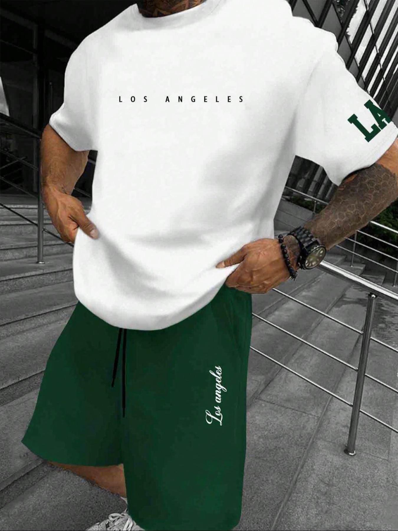 Two-Piece Set Men's Letter Print Short Sleeve Tee & Shorts Set, Regular Fit Casual Round Neck T-shirt & Track Shorts, Men's Summer Clothes, Menswear