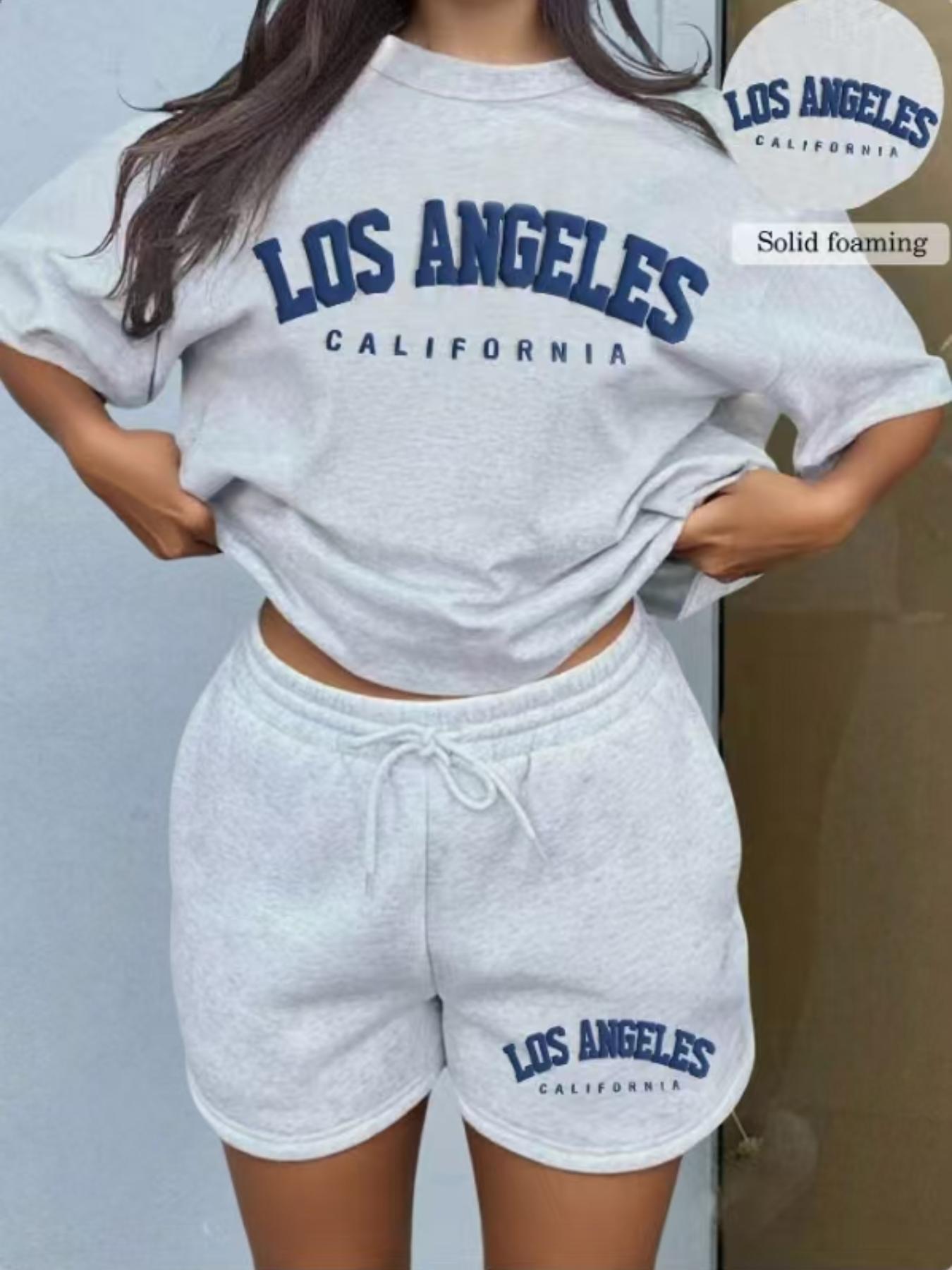 Women's Letter Print Tee & Drawstring Waist Shorts Set, Cozy T-shirt & Shorts for Daily Outdoor Wear, Ladies Summer Clothes, Suits