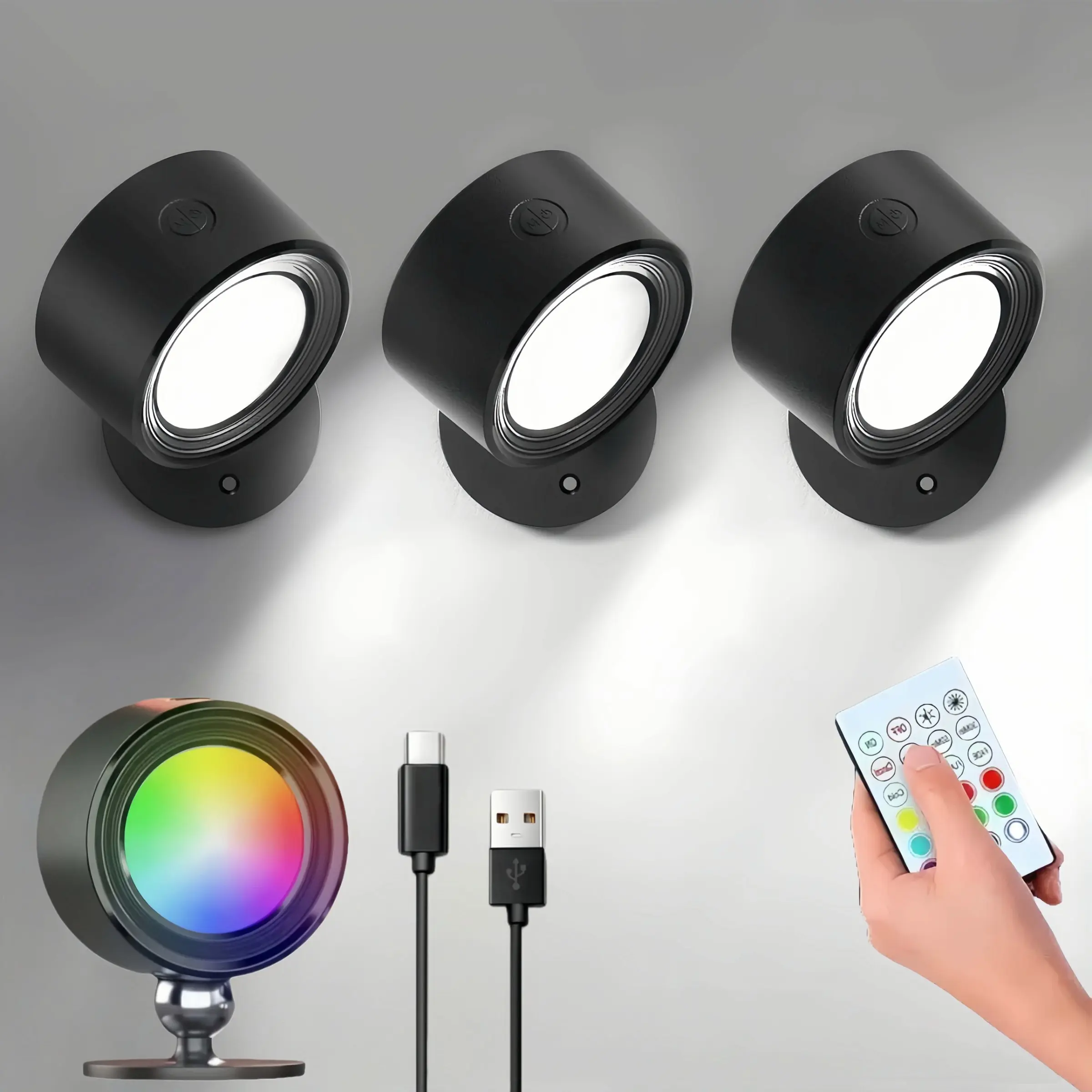 4-Pack RGB Wall Lights, Led Decoration Lamp with Remote, Touch Switch, Rechargeable, Adjustable Colors, Magnetic 360° Rotation, Type-C Charging, Bedroom, Hallway, Living Room