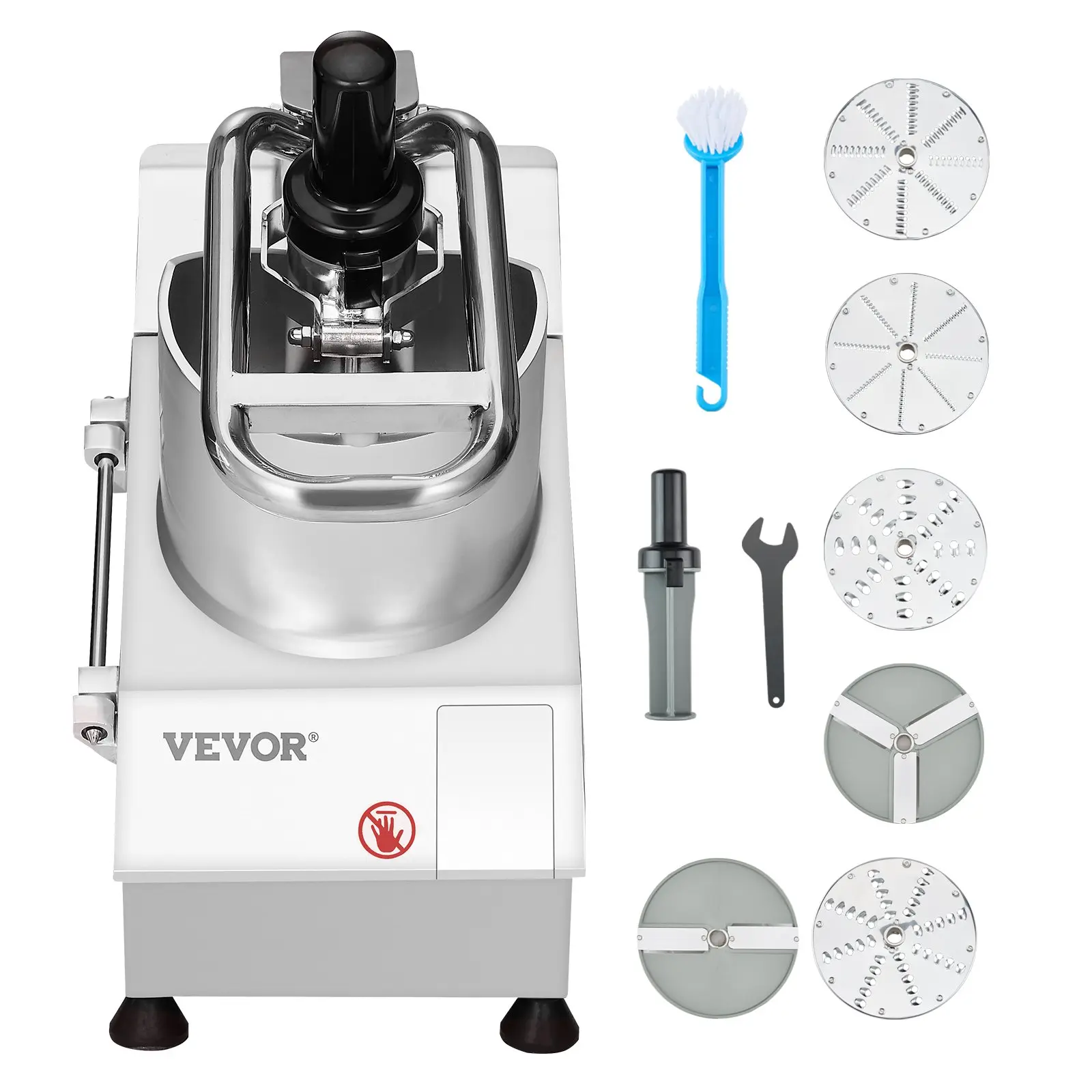 VEVOR 750W Motor Kitchen Food Processor Vegetable Chopper, Food-Grade Stainless Steel with 2 Feeding Holes, 6 Detachable Blades, 3mm/5mm/7mm/10mm Shredder & 2mm/4mm Slicer, 1600 RPM Speed for Restaurants, Chopping Fruits