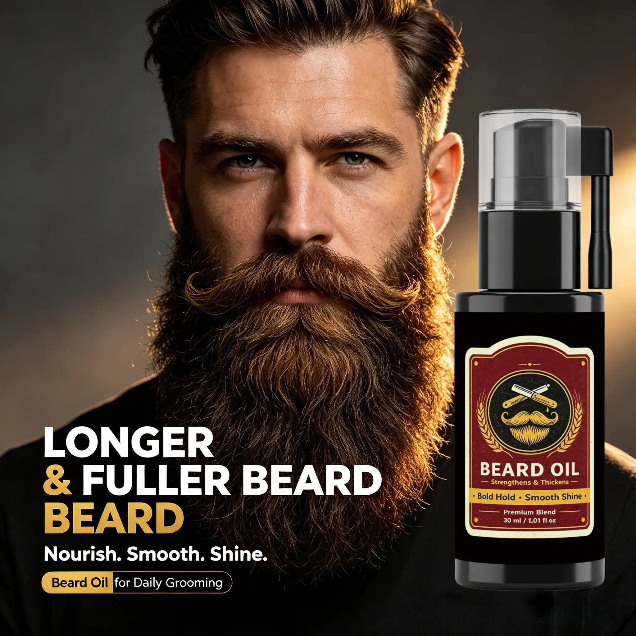 beard care oil, nourish beard roots, thicken thin beard, smooth frizzy beard hair, long lasting moisturizing, add natural shine, strengthen facial hair follicles, premium beard conditioning serum, men daily beard grooming, soft rough beard, boost full den