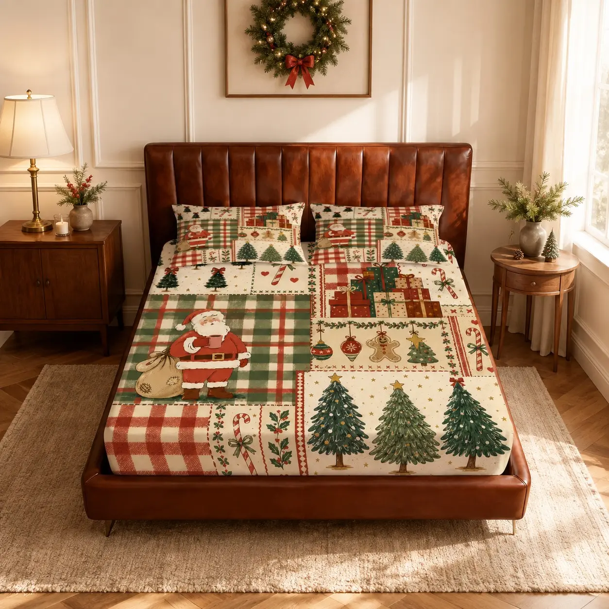 Vintage Christmas Themed Bed Sheet Set with Non-Slip Dust Cover Includes One Bed Cover and Two Pillowcases Perfect for Teen and Adult Bedrooms Great for Housewarming and Holiday Giftings