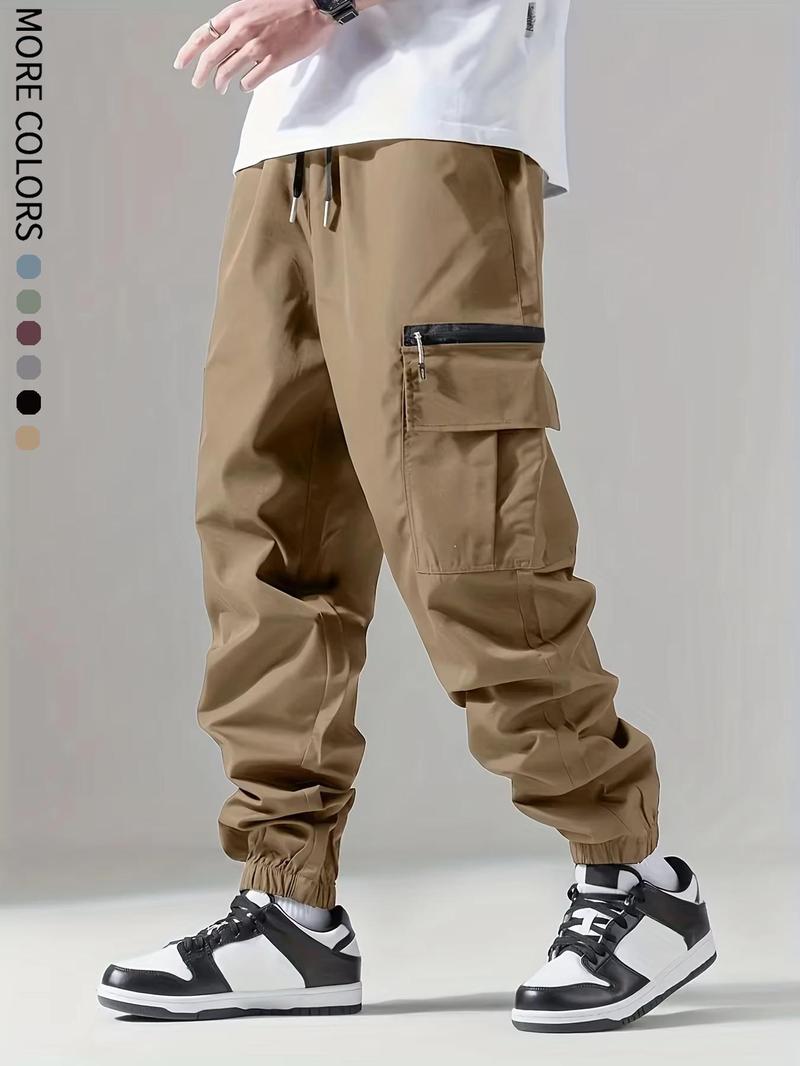 Men's solid color cargo pants with pockets and zippers, regular fit, durable and wear-resistant, suitable for everyday wear, street style men's casual trousers.