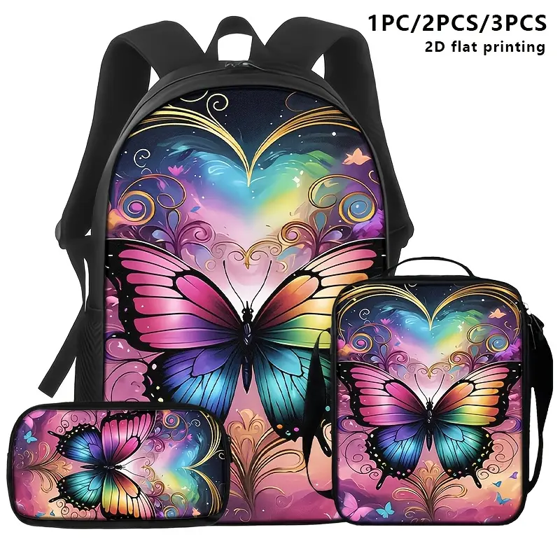 1pc/2pcs/3pcs Backpack, Crossbody Bag, and Pouch with Rainbow Butterfly and Heart-shaped Cosmic Design; Vibrant, Dreamy Aesthetic for Adults' Daily Commute, Travel, or Creative Outings.