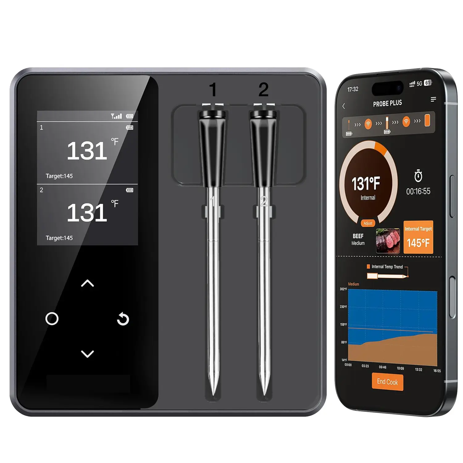 Wireless BT Meat Thermometer, Smart APP & Standalone Base Digital Food Thermometer with 2 Stainless Steel Probes for Cooking, Grilling, Smoking, Oven - Essential Kitchen Gadget