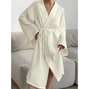Women's Elegant -Neck Robe - Soft Bathrobe Suitable for All Seasons, Cozy Weightless Sleepwear & Loungewear, Classic Fitted Robe for Home Spa, Pajamas, Postpartum, Hand Washable, Work from Home Attire