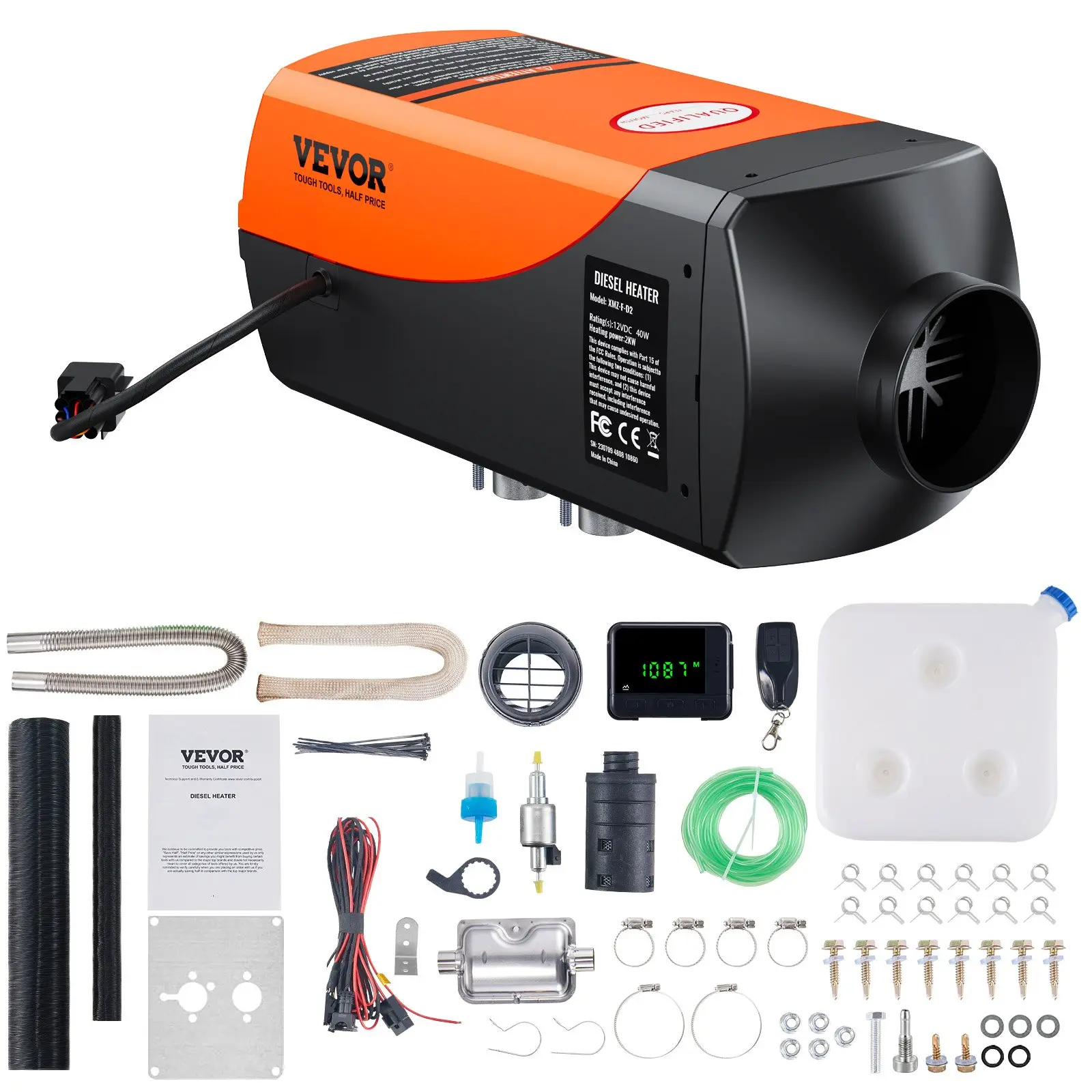 VEVOR Diesel Air Heater, 12V 2KW Diesel Heater with Remote Control and LCD Display, 10L Fuel Tank Diesel Parking Heater, Rapid Heating for RV Trailer Camper Van Boat