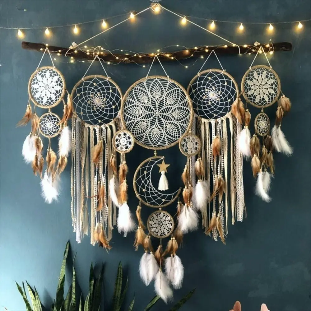 5 Pack Moon Phase Dreamcatcher Set Boho Wall Decor for Witchy Gifts Macrame Decor with Feathers Hanging for Home Bedroom Living Room (Camel)