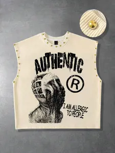 Dark bandage mummy religious men's vest, loose heavyweight fabric, street style studded sleeveless T-shirt, men's sports vest, unisex style with metal studs on the collar and cuffs, fashionable loose vest, everyday street style Y2K vest.