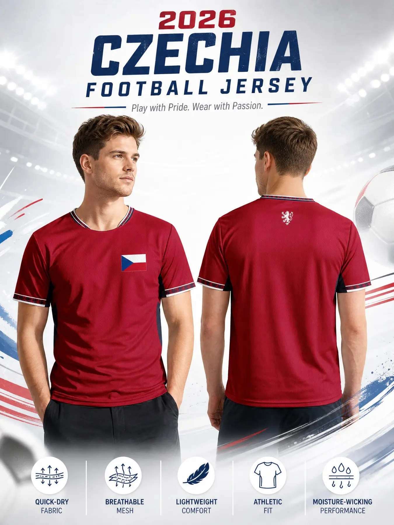 2026 Czech Flag Soccer Jersey, Sportswear for Summer, Ethnic Pattern, Collar Trim, Lightweight Elastic Mesh, Durable Reinforced Stitching, Patriotic Football Shirt